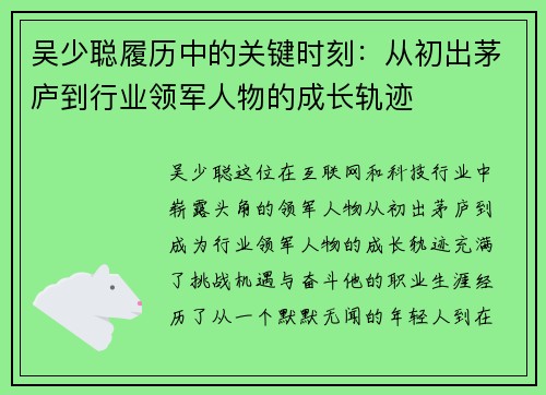 吴少聪履历中的关键时刻：从初出茅庐到行业领军人物的成长轨迹
