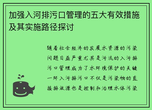 加强入河排污口管理的五大有效措施及其实施路径探讨